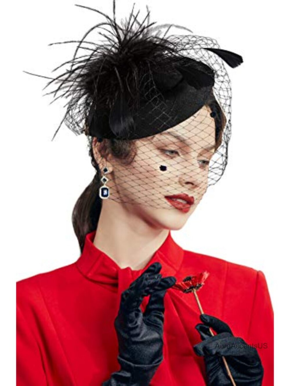 Women's Floral Fascinator Pillbox Hat with Veil & Feathers for Weddings